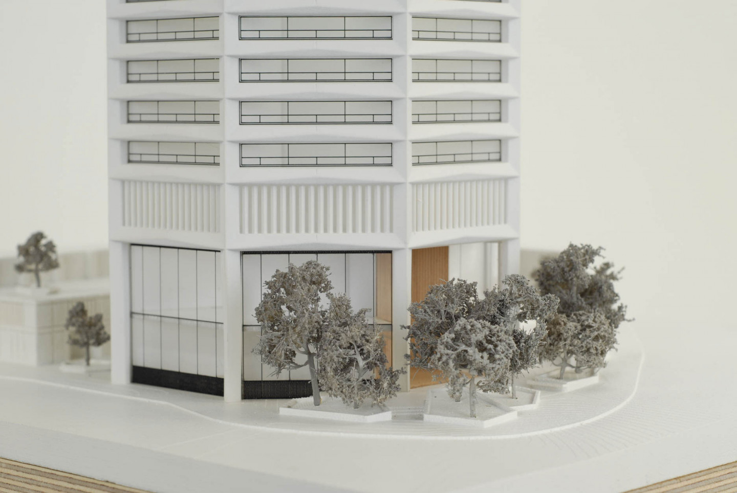 1:250 Marketing model by Glenn Howell Architects, made from laser cut, acrylic floors, resin and 3D power printed base.