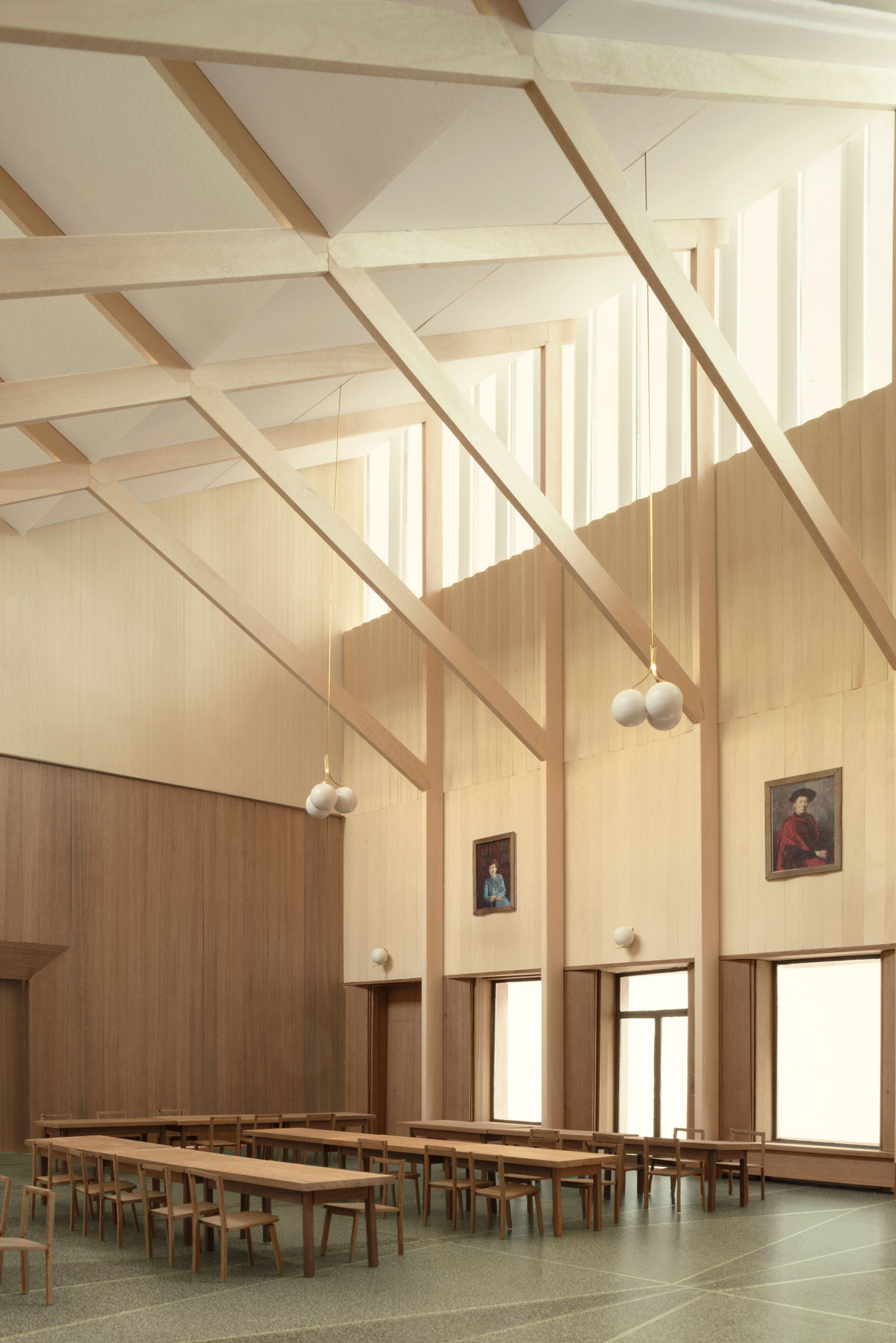 Interior Study Model, New Dining Hall, Homerton College, Cambridge by Feilden Fowles Architects, made from softwood ply, walnut sheet, printed paper and brass.