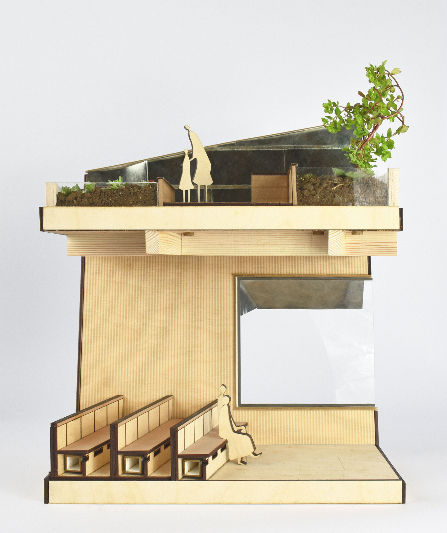 Sectional & Elevational Model through lecture Hall and Roof garden by Ryan Hillier, made from laser cut, ply/foamboard, acrylic, card zinc sheet and haematite.