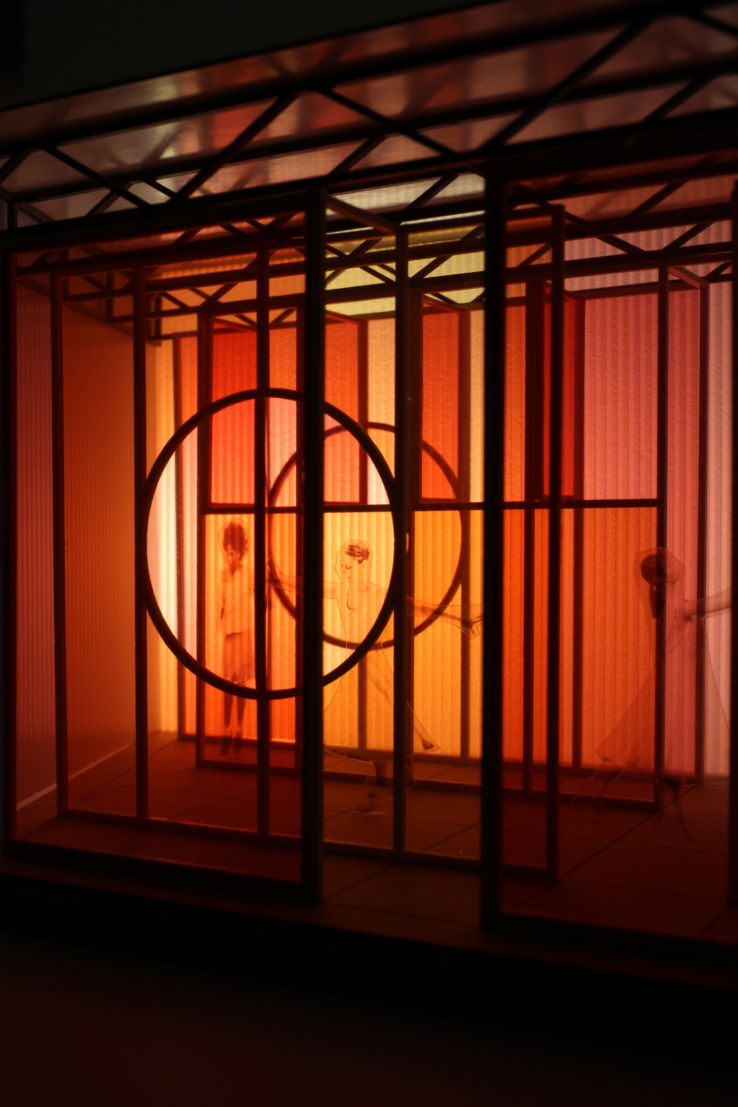 Colour Field by Studio Naama, made from lasercut, MDF, acetate sheets, polycarbonate envelope and LED lights. 
